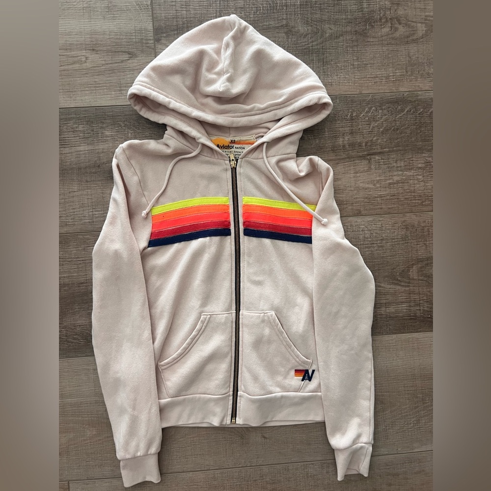 Aviator Nation Cream Hoodie with Rainbow Stripes